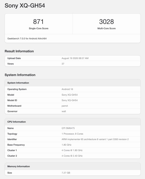 Sony Xperia 10 VIII runs Geekbench